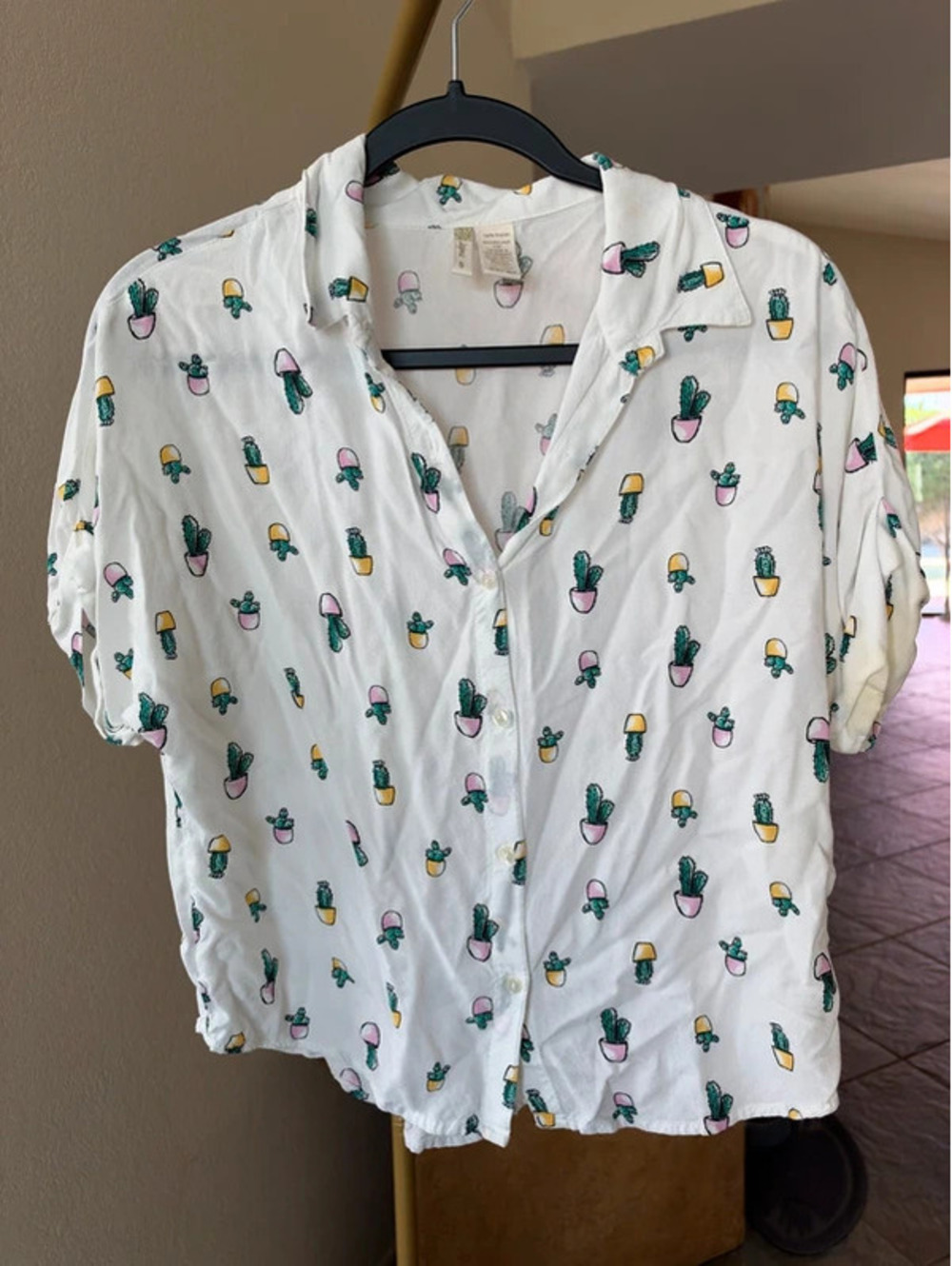 JAPNA Cactus Print White Rayon Button Down Shirt S